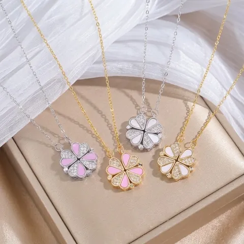 Folding Four Leaf Clover Heart Necklace For Women Stainless Steel Zirconia Enamel Magnetic Reversible Fashion Jewelry Gift