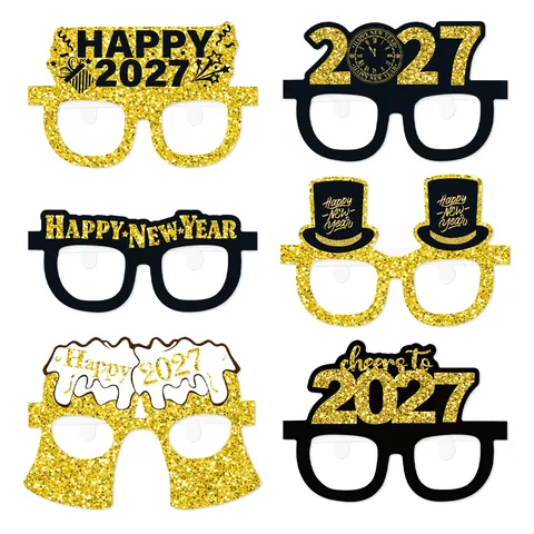 Happy New Year 2026 Party Paper Glasses Black Gold Glitter New Year's Eve Photo Booth Props For Celebration Accessories