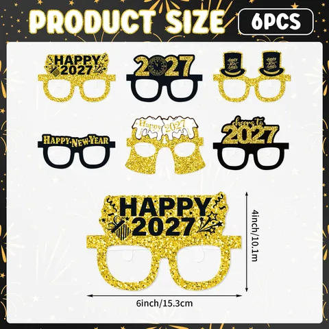 Happy New Year 2026 Party Paper Glasses Black Gold Glitter New Year's Eve Photo Booth Props For Celebration Accessories