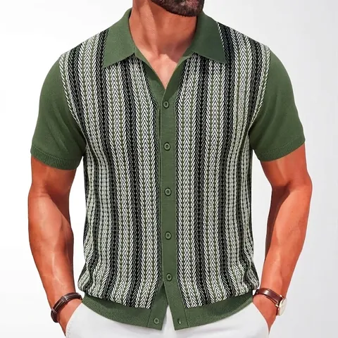 Men's Retro Striped Jacquard Knit Polo Cardigan Short Sleeve Viscose Breathable Button Down Casual Top For Summer