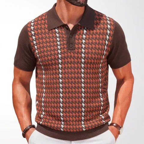 Polo Homme Business Casual à Motif Pied-de-poule Tricoté Manches Courtes Jacquard Top en Viscose Respirant Style Rétro