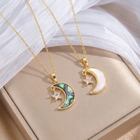 Stainless Steel Star Moon Pendant Necklace Shell Inlaid Zirconia Gold Plated Clavicle Chain Jewelry For Women Daily Party