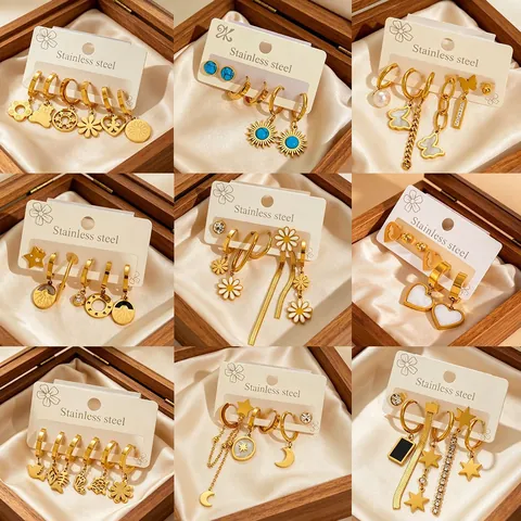 Gold Plated Stainless Steel Earrings Collection For Women Fashion Star Moon Animal Heart Butterfly Stud Hoop Earrings Jewelry
