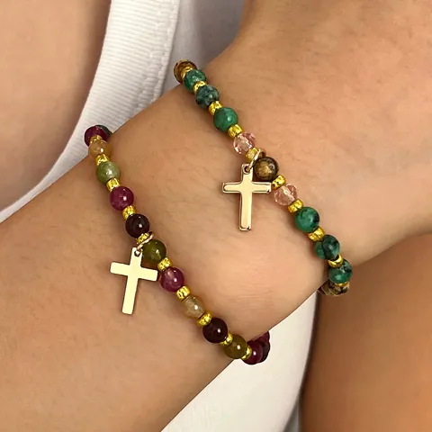 Bohemian Colorful Beads Bracelet With Stainless Steel Alloy Cross Heart Coconut Tree Charms Adjustable Jewelry For Women
