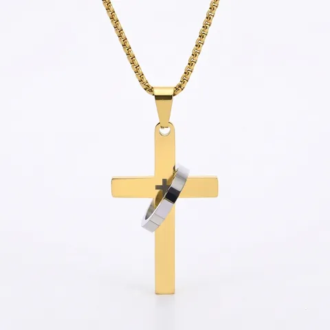 Herren Hip Hop Titanstahl Kreuz Anhänger Halskette Kreis Verschachtelt Gold Silber Schwarz Edelstahl Lange Pullover Kette