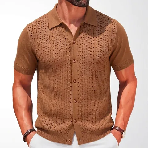 Men's Casual Knitted Polo Shirt Short Sleeve Button Down Cardigan Top With Cable Knit Texture For Summer Business Commuting