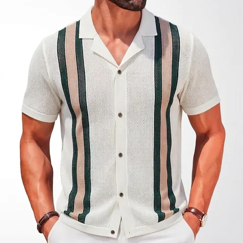 Men American Vintage Knit Polo Shirt Viscose Striped Slim Fit Button Cardigan Short Sleeve Breathable Summer Casual Top