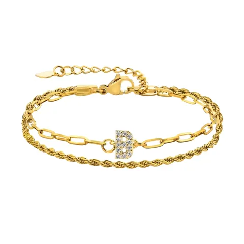 Layered Initial Bracelet Copper Gold Plated Cubic Zirconia Paperclip And Rope Chain Adjustable Jewelry For Women