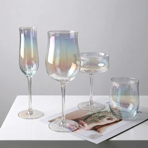 Irisierende Goldrand Glas Weingläser Set Nordischer Stil Gerippte Textur Champagnerflöte Cocktailglas Rotweinkelch Trinkbecher Glaswaren