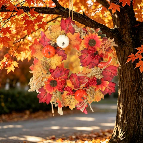 Artificial Autumn Wreath With Maple Leaves Sunflowers Pumpkins Berries Pine Cones Thanksgiving Harvest Festival Front Door Decor