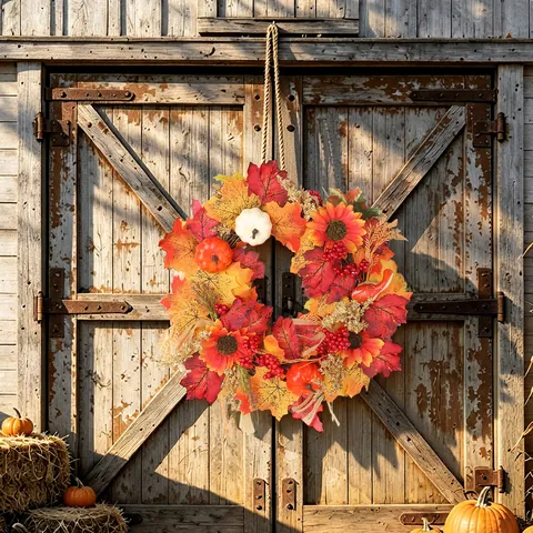 Artificial Autumn Wreath With Maple Leaves Sunflowers Pumpkins Berries Pine Cones Thanksgiving Harvest Festival Front Door Decor