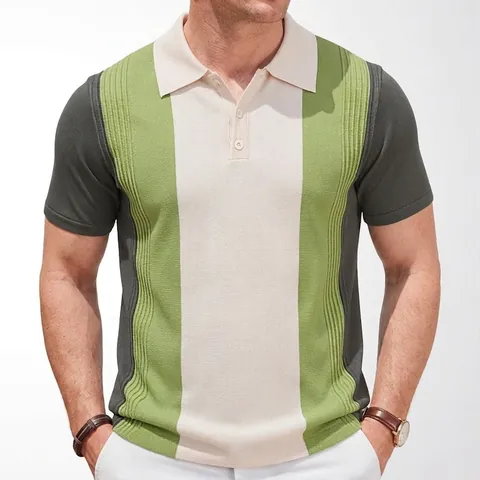 Men's Casual Knitted Viscose Polo Shirt Color Block Contrast Stitching Short Sleeve Slim Fit Business Polo Top