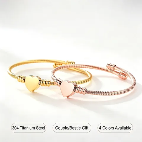 Stainless Steel Cable Wire Bracelet With Heart Pendant Twisted Open Cuff Bangle Elegant Minimalist Fashion Jewelry For Women