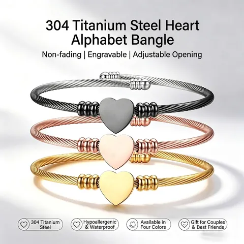 Stainless Steel Cable Wire Bracelet With Heart Pendant Twisted Open Cuff Bangle Elegant Minimalist Fashion Jewelry For Women
