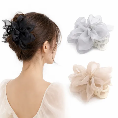 Pinza De Pelo Con Lazo De Malla Doble Cara Grande Organza Flor Gasa Pinza Tiburón Hecha A Mano Elegante Estilo Hada Para Mujeres