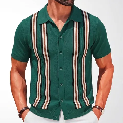 Men's Retro Striped Knit Polo Shirt Slim Fit Business Casual Vertical Stripe Short Sleeve Button Down Cardigan Top