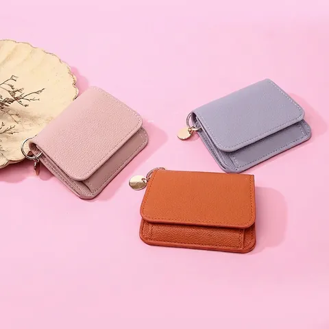 Portefeuille Femme Court Pliable Cuir PU Grainé Minimaliste Porte Cartes Mini Porte Monnaie Avec Pendentif Anneau Métal