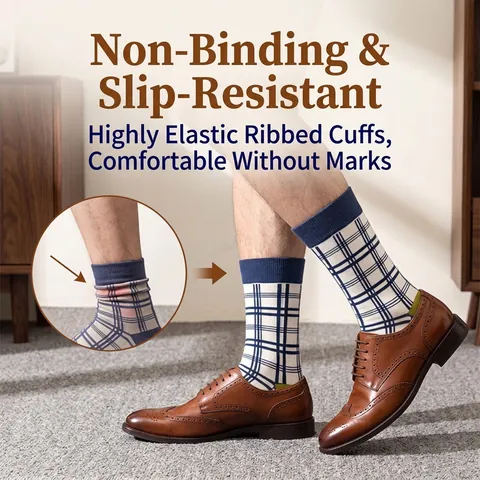 Men Crew Socks Cotton Blend Retro Geometric Plaid Patterns Breathable Sweat Absorbent Mid Calf Trendy Casual Hosiery