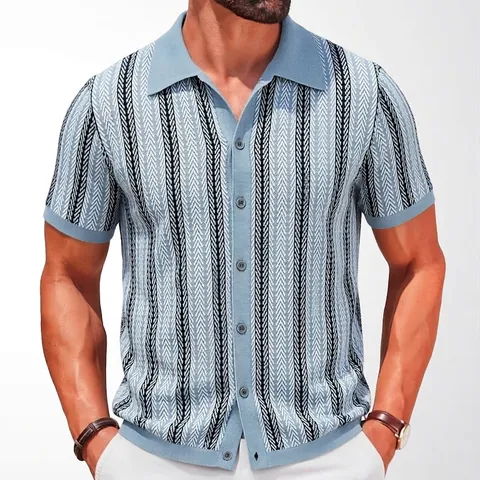 Men's Vintage Knitted Short Sleeve Polo Shirt Button Up Stripe Jacquard Cardigan Casual Viscose Lapel Fashion Knitwear Top