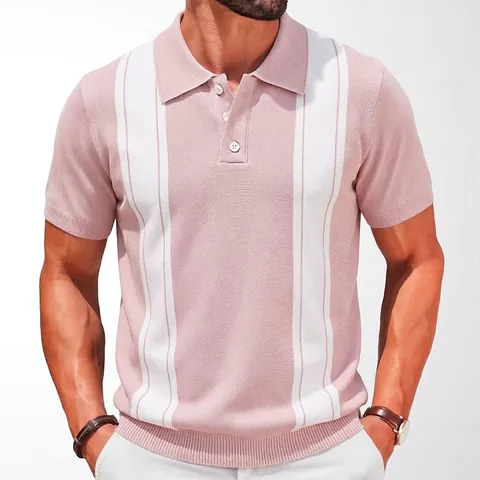 Men's Business Casual Polo Shirt Vertical Striped Contrast Color Knit Short Sleeve Top For Summer Fashion Office Wear