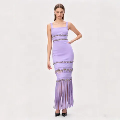 Abito Maxi Sexy a Fasce con Nappe da Donna Scollo Quadrato Paillettes Traforato Abito da Sera Slim Fit Elegante Discoteca