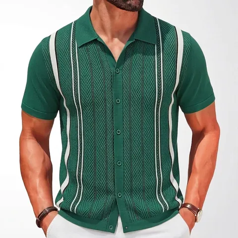 Men's Striped Knitted Polo Shirt Short Sleeve Business Casual Slim Fit Cardigan Top With Herringbone Texture Summer Knitwear