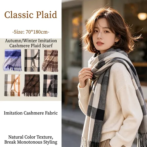 Women Soft Plaid Tassel Scarf Thick Polyester Imitation Cashmere Checkered Shawl Warm Winter Neck Wrap Classic Daily Accessory