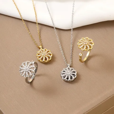 Rotierende Blumen Halskette Und Offener Ring Zirkon Eingelegt Titanstahl Gold Silber Elegante Modeschmuck Für Damen