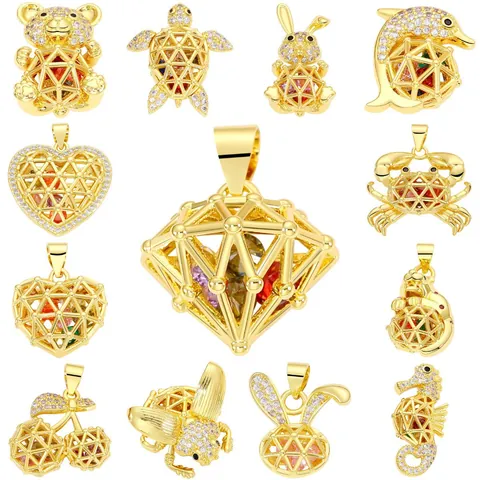 Hollow Cage Pendants Animal Heart Shape Copper Colorful Gemstone Zircon Rhinestone DIY Jewelry Making
