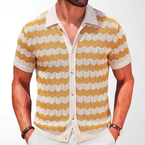 Vintage Men Crochet Hollow Out Knit Polo Shirt Retro Water Ripple Zigzag Pattern Short Sleeve Lapel Button Up Viscose Top