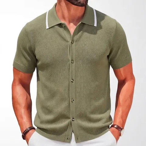 Men's Summer Short Sleeve Knit Cardigan Polo Shirt Lightweight Casual Business Button Front Knitted Viscose Polo Top