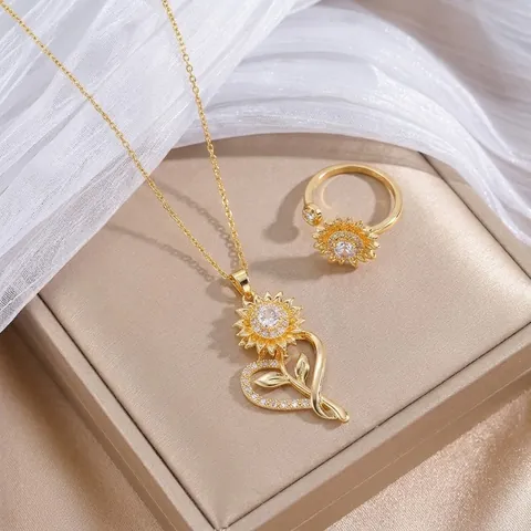 Rotating Sunflower Heart Pendant Necklace And Open Ring Jewelry Set Gold Plated Stainless Steel Zirconia Inlaid Jewelry For Women
