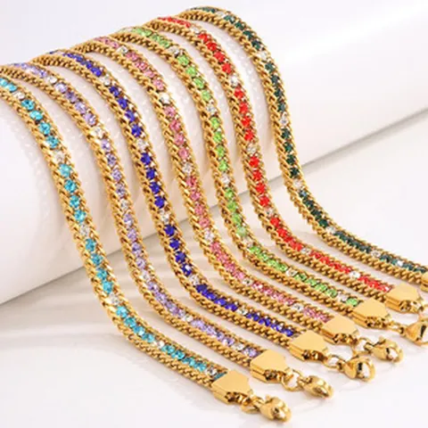 Trendy Titanium Steel Gold Plated Cuban Link Bracelet With Colorful Zircon For Women Luxury Adjustable Chain Jewelry Gift