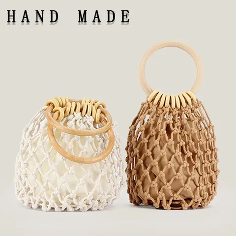 Handgemachte Gewebte Handtasche Baumwollseil Netz Eimer Tasche Für Strandurlaub Einfarbig Mini Tote