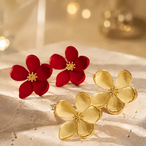 French Vintage Flower Stud Earrings Alloy Matte Gold Red Floral Ear Jewelry For Women Fashion Daily Party Accessories