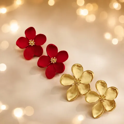 French Vintage Flower Stud Earrings Alloy Matte Gold Red Floral Ear Jewelry For Women Fashion Daily Party Accessories