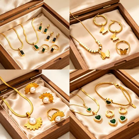 Stainless Steel Jewelry Set For Women Vintage Golden Butterfly Emerald Zirconia Necklace Earrings Ring Wedding Party Jewelry