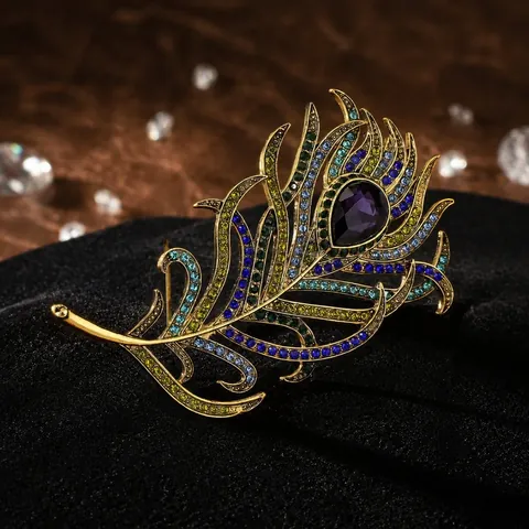 Vintage Alloy Peacock Feather Brooch With Multicolor Rhinestones Purple Teardrop Gemstone Fashion Animal Brooch For Women Men