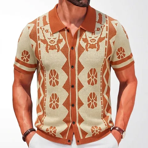 Men's Ethnic Jacquard Knitted Polo Shirt Short Sleeve Button Down Cardigan Vintage Casual Polyester Summer Top