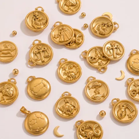 Stainless Steel Twelve Zodiac Coin Pendants Eighteen K Gold Plated Round Embossed Charms For DIY Necklace Bracelet Jewelry Making Accessories