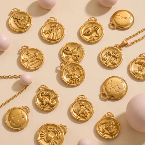 Stainless Steel Twelve Zodiac Coin Pendants Eighteen K Gold Plated Round Embossed Charms For DIY Necklace Bracelet Jewelry Making Accessories