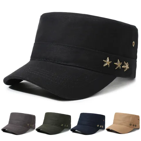 Baumwolle Militär Cadet Mütze Für Herren Damen Verstellbare Flache Armee Hut Mit Stern Nieten Outdoor Casual Sonnenhut
