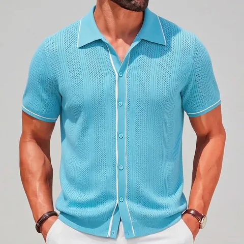 Men's Casual Viscose Knit Polo Shirt Summer Short Sleeve Button Down Cardigan Top With Contrast Trim Details