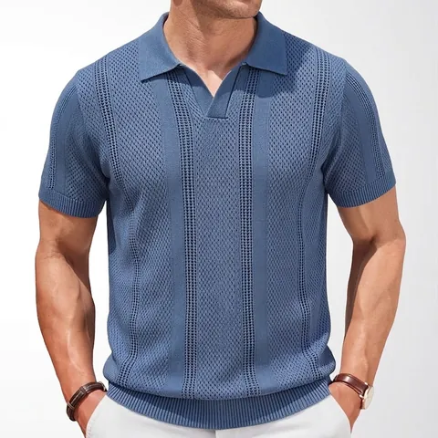 Heren Ijszijde Opengewerkt Gebreid Poloshirt Zakelijk Casual Johnny Kraag Korte Mouw Top Ademende Zomer Gebreide Kleding