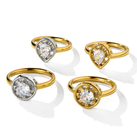 Stainless Steel Zircon Ring For Women Men Water Drop Round Cut Pear Shape Light Luxury Hip Hop Jewelry Fashion Ring Gift