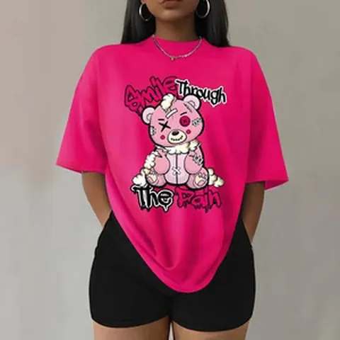 T-Shirt Femme en Coton avec Graphique Ours de Dessin Animé Casual Col Rond Manches Courtes Top Large Streetwear Imprimé Été