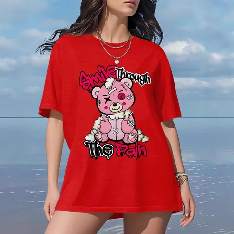 T-Shirt Femme en Coton avec Graphique Ours de Dessin Animé Casual Col Rond Manches Courtes Top Large Streetwear Imprimé Été