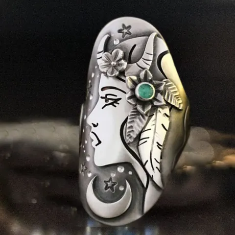 Vintage Antik-Silber Göttinnen-Profil Ring Mit Künstlicher Türkis Mond Stern Breites Band Boho-Stil Ethnisch Schmuck Geschenk Für Damen