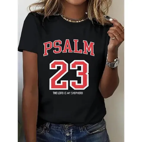 T-Shirt en Polyester Imprimé de Taille Européenne pour Femmes Haut Décontracté à Manches Courtes Col Rond Avec Graphique Psaume Biblique