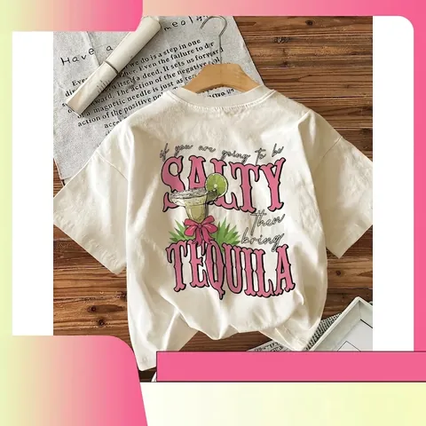 Γυναικείο T-Shirt από Χτενισμένο Βαμβάκι Vintage Salty Tequila Γραφική Εκτύπωση Στρογγυλή Λαιμόκοψη Casual Κοντό Μανίκι